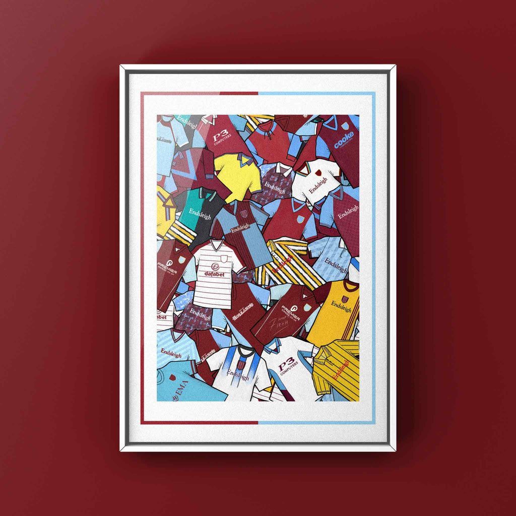 urnley FC Retro Shirts Art Print featuring 25 meticulously hand-drawn classic football shirts, highlighting the club’s most iconic kits across the decades. This unique artwork pays tribute to the Clarets’ rich heritage and ever-evolving style, brought to life through detailed, vintage-inspired illustrations