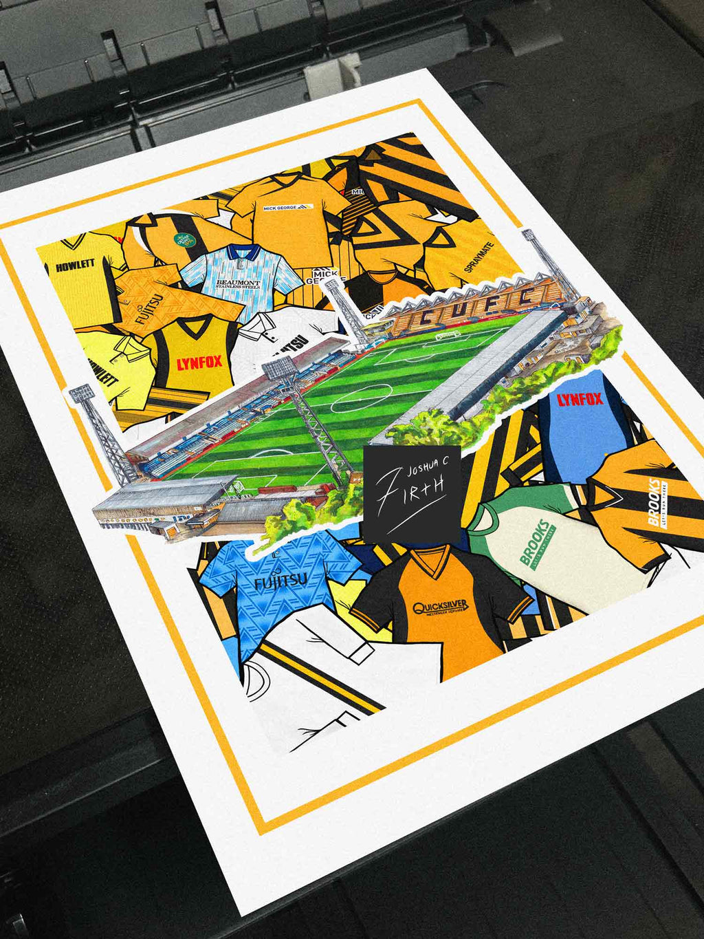 Cambridge United Kit Collage Retro Shirts & Stadium Football Print