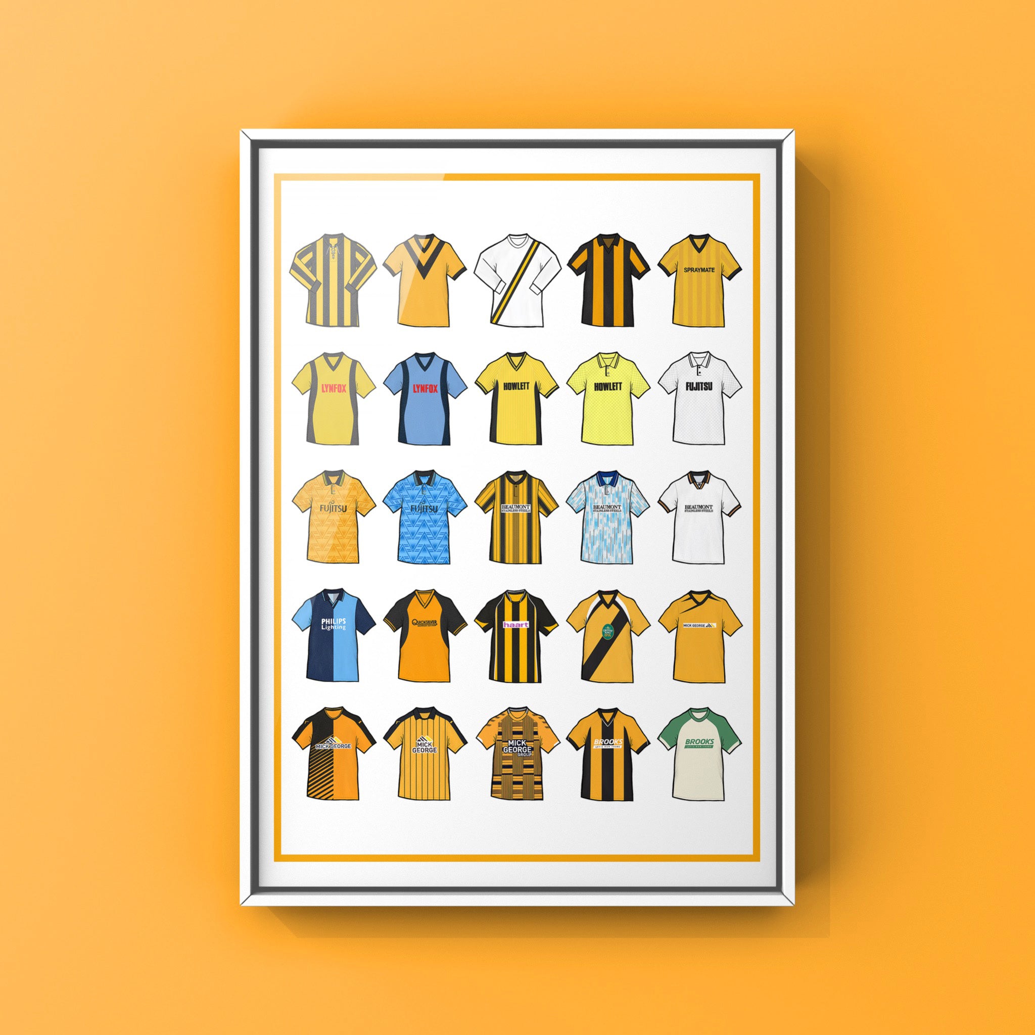 ambridge United Inspired Retro Shirts Art Print featuring 25 hand-drawn classic football shirts, showcasing the club’s most iconic kits through the years. A celebration of the U’s proud history and evolving style, captured in detailed, vintage-inspired illustrations