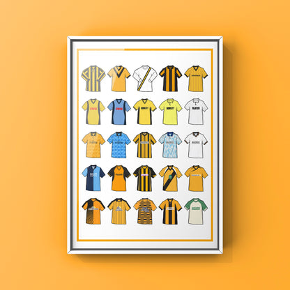 ambridge United Inspired Retro Shirts Art Print featuring 25 hand-drawn classic football shirts, showcasing the club’s most iconic kits through the years. A celebration of the U’s proud history and evolving style, captured in detailed, vintage-inspired illustrations