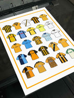 Cambridge United Inspired Retro Shirts Art Print featuring 25 hand-drawn classic football shirts, showcasing the club’s most iconic kits through the years. A celebration of the U’s proud history and evolving style, captured in detailed, vintage-inspired illustration