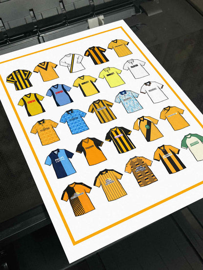 Cambridge United Inspired Retro Shirts Art Print featuring 25 hand-drawn classic football shirts, showcasing the club’s most iconic kits through the years. A celebration of the U’s proud history and evolving style, captured in detailed, vintage-inspired illustration