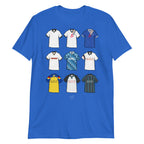Celebrate your Rams pride with this Derby County FC T-shirt, designed for fans who love classic football style. Featuring detailed artwork showcasing 9 iconic Derby County shirts from the club’s history, this retro-style T-shirt highlights the club’s rich heritage and timeless football culture. Perfect for match days, casual wear, or as a Derby County football gift, it combines vintage-inspired design with modern comfort. Blue