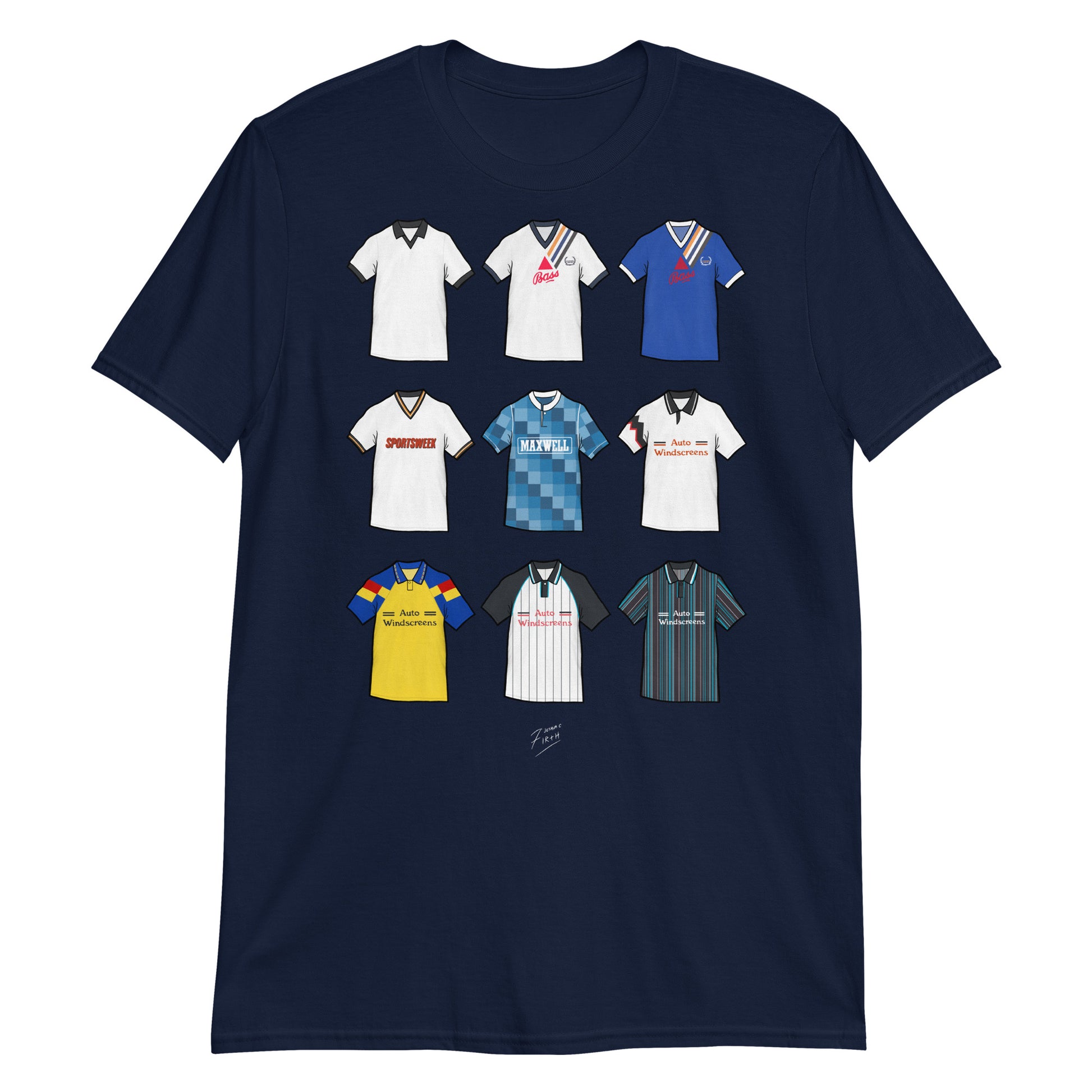 Celebrate your Rams pride with this Derby County FC T-shirt, designed for fans who love classic football style. Featuring detailed artwork showcasing 9 iconic Derby County shirts from the club’s history, this retro-style T-shirt highlights the club’s rich heritage and timeless football culture. Perfect for match days, casual wear, or as a Derby County football gift, it combines vintage-inspired design with modern comfort!