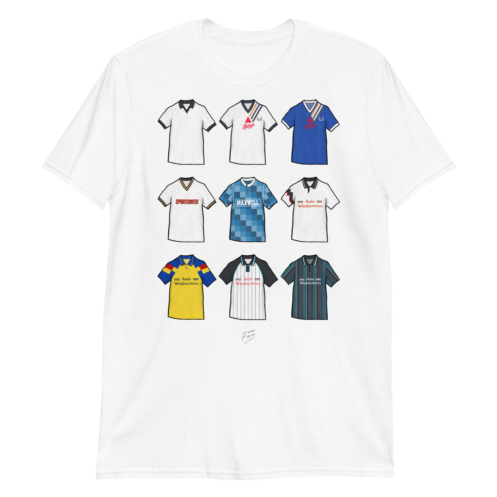 Celebrate your Rams pride with this Derby County FC T-shirt, designed for fans who love classic football style. Featuring detailed artwork showcasing 9 iconic Derby County shirts from the club’s history, this retro-style T-shirt highlights the club’s rich heritage and timeless football culture. Perfect for match days, casual wear, or as a Derby County football gift, it combines vintage-inspired design with modern comfort. A must-have T-shirt for true Derby County fans