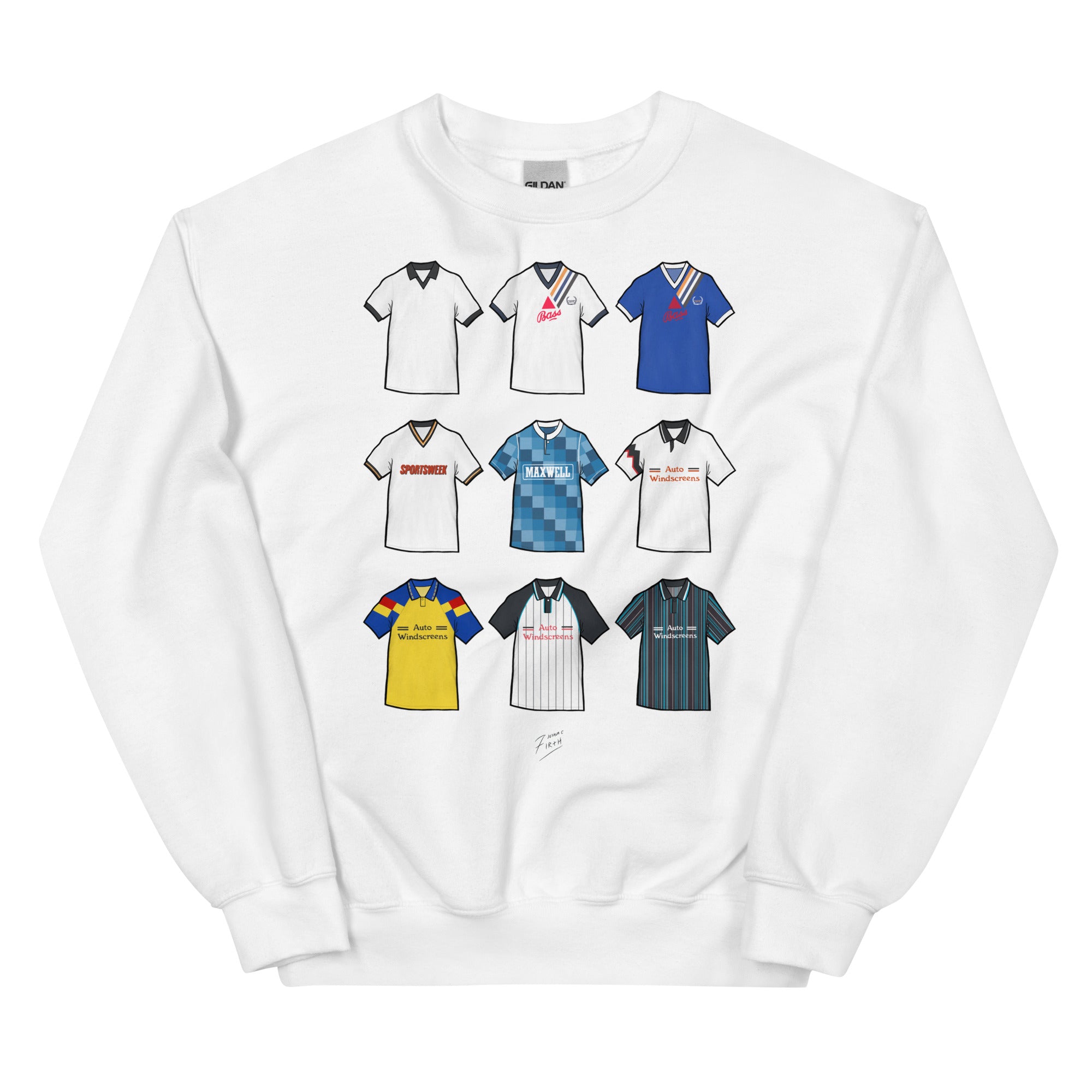 Celebrate your Rams pride with this Derby County FC sweatshirt, designed for fans who love classic football style. Featuring detailed artwork showcasing 9 iconic Derby County shirts from the club’s history, this retro-style sweatshirt highlights the club’s rich heritage and timeless football culture. Perfect for match days, casual wear, or as a Derby County football gift, it combines vintage-inspired design with modern comfort. White