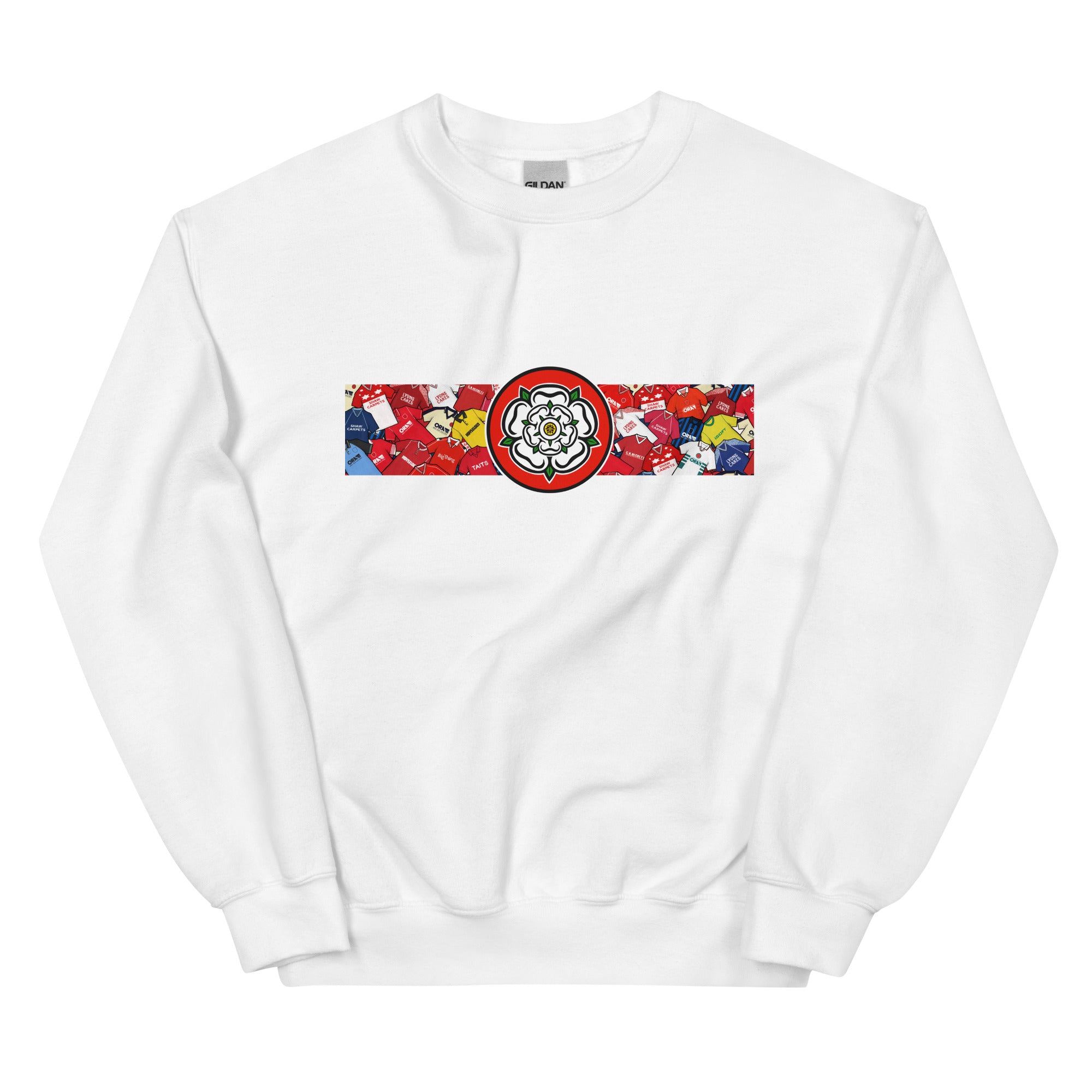 Celebrate your Tykes pride with this Barnsley FC–inspired retro football sweatshirt, featuring a bold central white rose of Yorkshire design. This unisex pullover blends vintage kit aesthetics with cosy, everyday comfort—perfect for chilly match days at Oakwell, pub nights, or laid-back casual wear. The design pays homage to classic Barnsley jerseys while proudly honouring the club’s rich history and Yorkshire roots. A must-have gift or wardrobe essential for loyal supporters