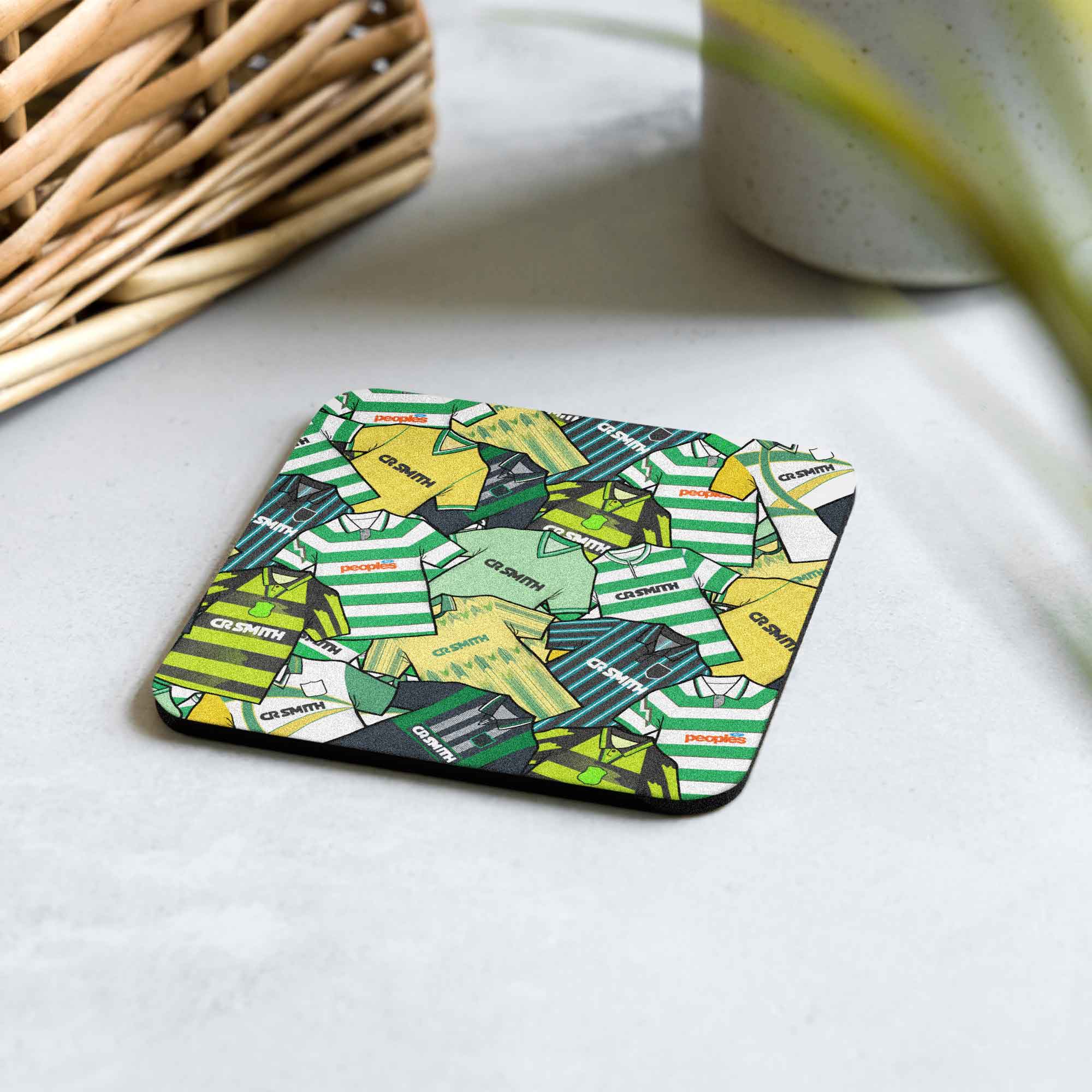 A football coaster inspired by the iconic Glasgow Celtic shirts of the past is a perfect gift for any Hoops fan!