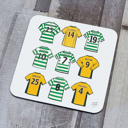 Drinks coaster inspired by Glasgow Celtic legends shirts of the past, featuring illustrated jerseys of players such as Chris Sutton, Henrik Larsson, Scott Brown, Paul Lambert, Nakamura & more