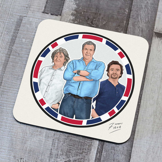 Coaster featuring artwork of TV Legendary Trio from Top Gear & The Grand Tour, Jeremy Clarkson, James May & Richard Hammond