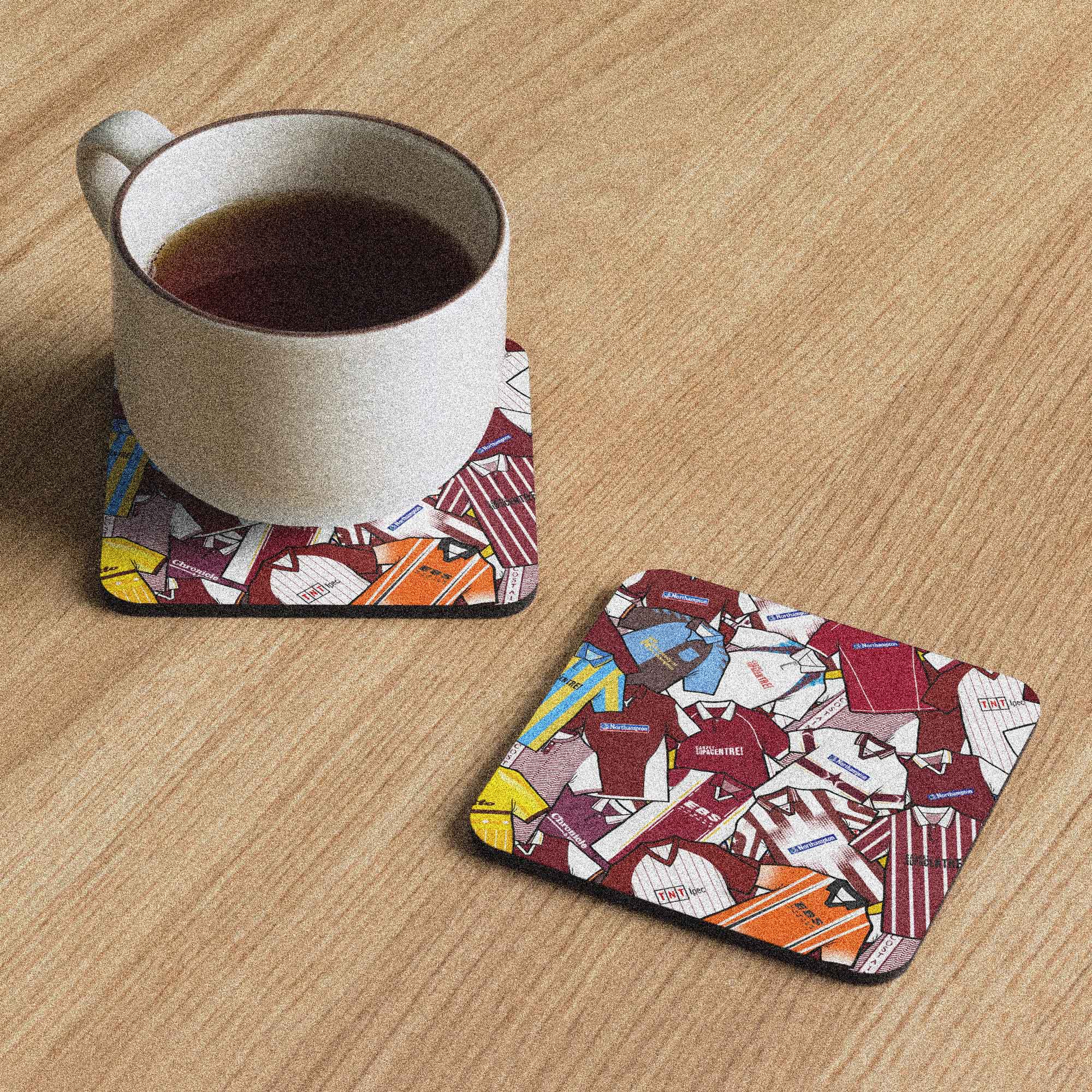 Northampton retro football shirt collage coaster, handmade cork-backed gift for Northampton Town fans and home decor.