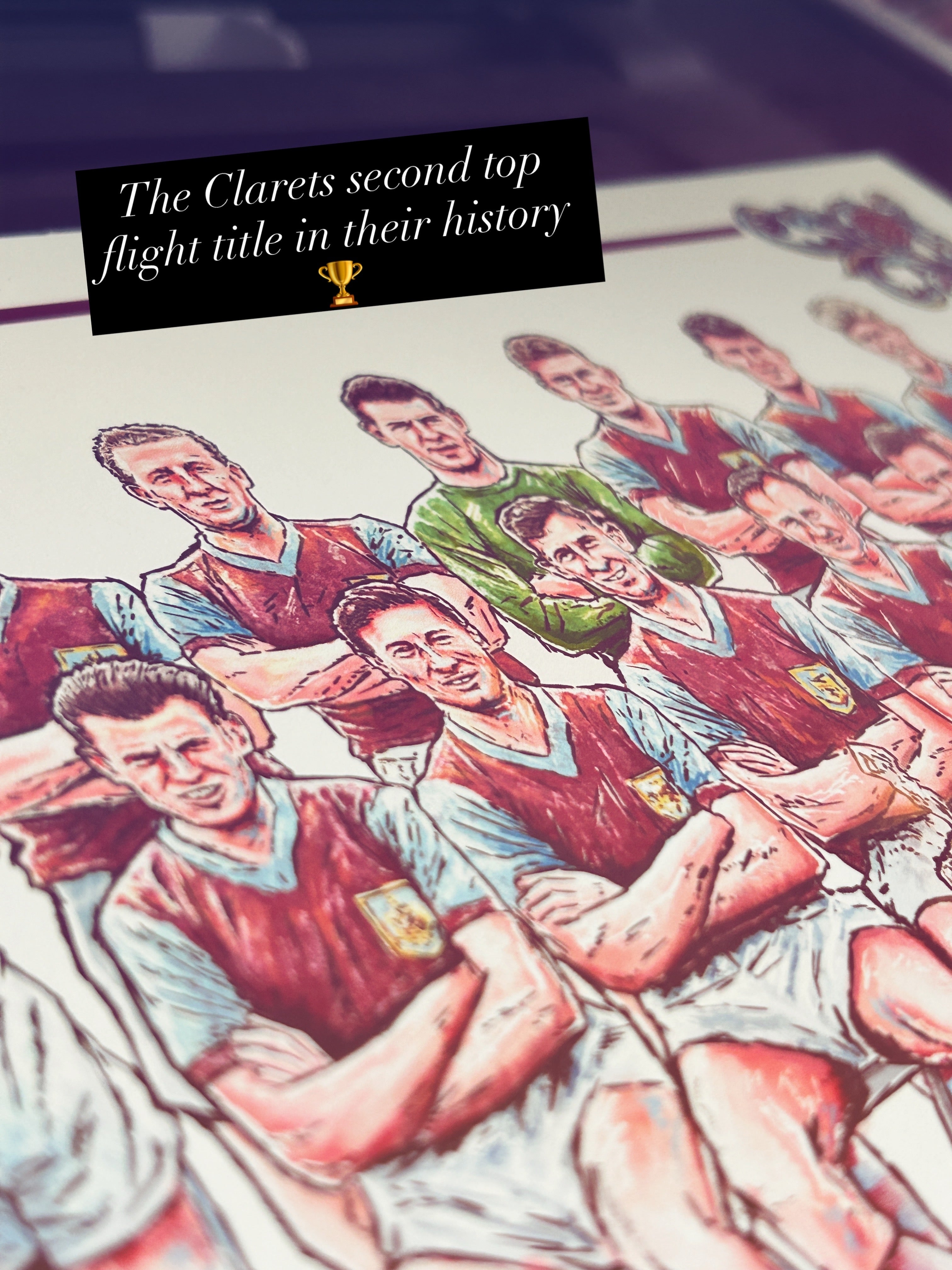 Illustration of Burnley football players with a text overlay about a club's second top flight title.