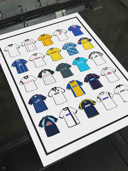 Poster artwork inspired by Derby County FC shirts, featuring a stylized design with bold black and white elements. The piece showcases 25 hand-drawn retro shirts, incorporating vintage jersey patterns and textures that reflect the proud tradition and rich heritage of Derby County Football Club. It blends classic elements with a sharp, contemporary aesthetic, celebrating the enduring spirit of the Rams and the club’s historic legacy at Pride Park and the Baseball Ground.