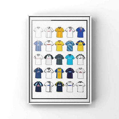 Poster artwork inspired by Derby County FC shirts, featuring a stylized design with bold black and white elements. The piece showcases 25 hand-drawn retro shirts, incorporating vintage jersey patterns and textures that reflect the proud tradition and rich heritage of Derby County Football Club. It blends classic elements with a sharp, contemporary aesthetic, celebrating the enduring spirit of the Rams and the club’s historic legacy at Pride Park and the Baseball Ground.
