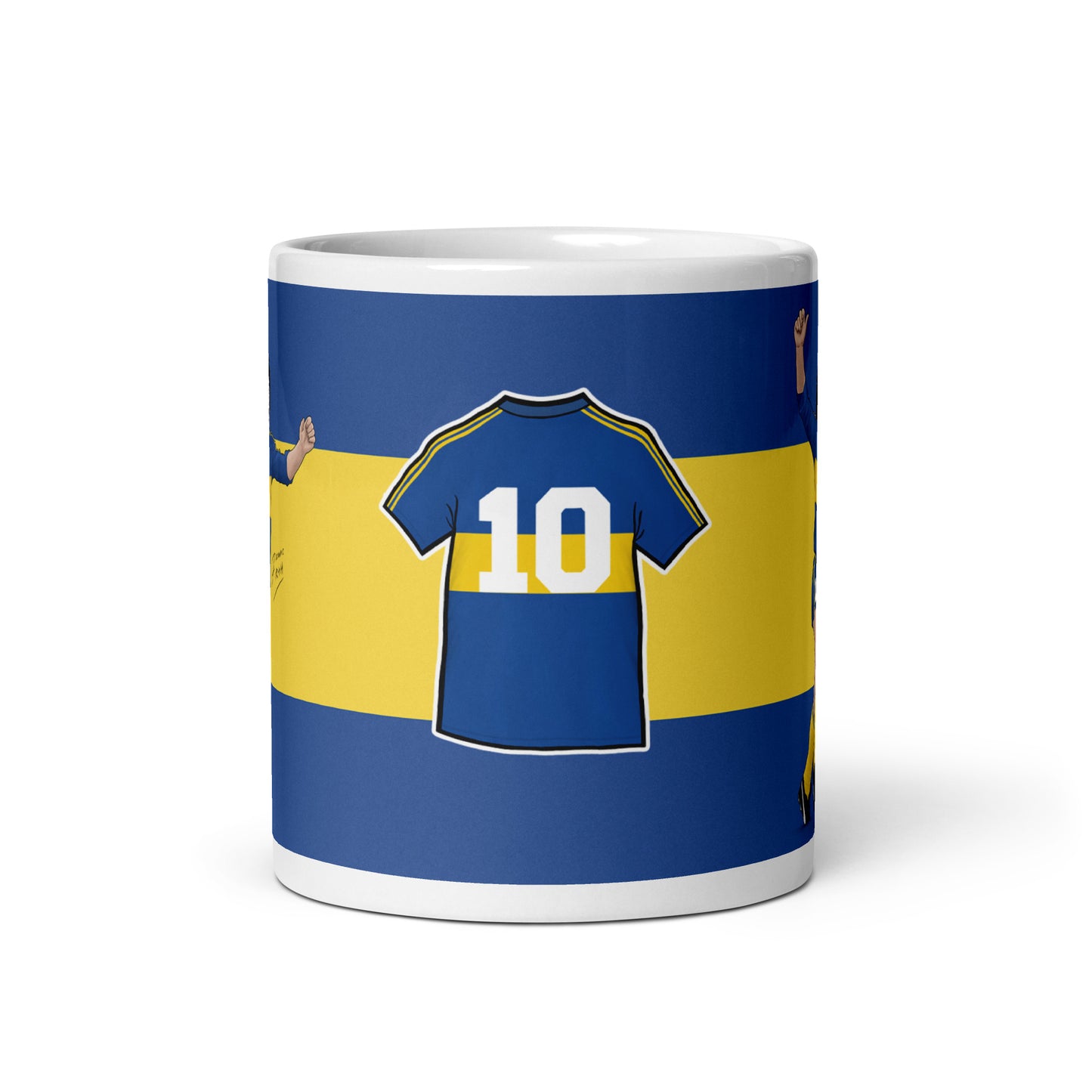 Mug featuring shirt artwork of Argentina legendary footballer Diego Maradona celebrating whilst playing for Boca Juniors