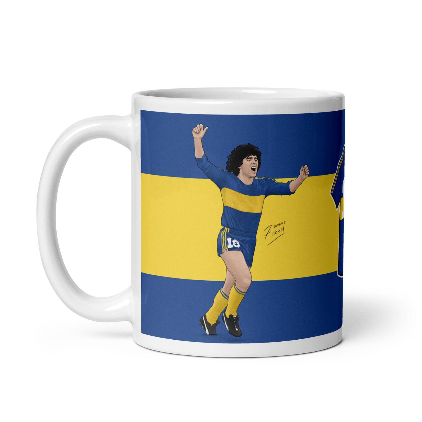 Mug featuring artwork of Argentina legendary footballer Diego Maradona celebrating whilst playing for Boca Juniors