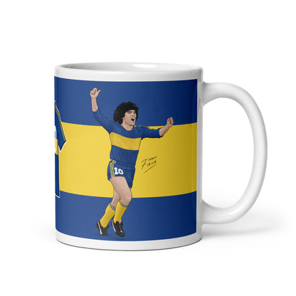 Mug featuring artwork of Argentina legendary footballer Diego Maradona celebrating whilst playing for Boca Juniors