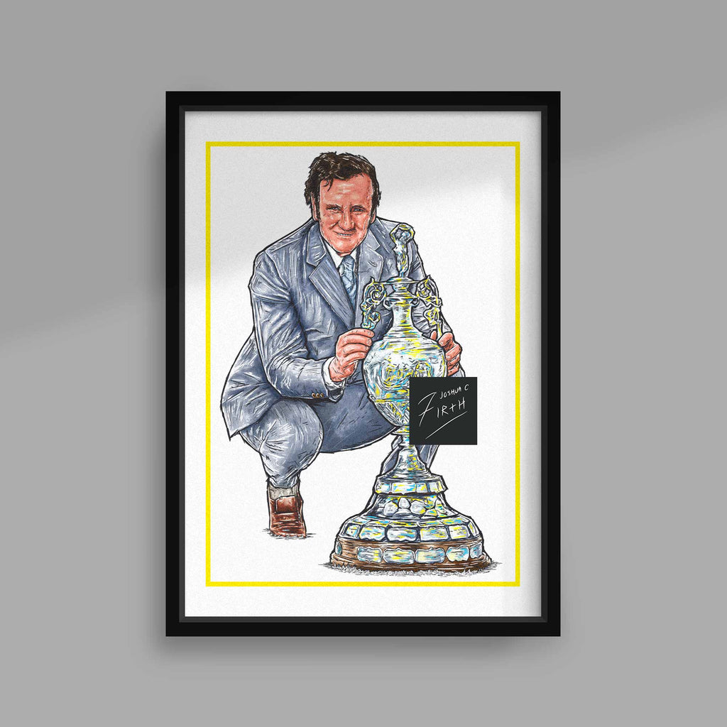 High-quality poster print featuring artwork of Leeds United legend Don Revie proudly holding the First Division trophy. A timeless tribute to one of football’s greatest managers, perfect for decorating any fan's home, office, or man cave.