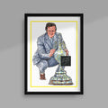 High-quality poster print featuring artwork of Leeds United legend Don Revie proudly holding the First Division trophy. A timeless tribute to one of football’s greatest managers, perfect for decorating any fan's home, office, or man cave.