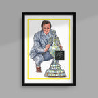 High-quality poster print featuring artwork of Leeds United legend Don Revie proudly holding the First Division trophy. A timeless tribute to one of football’s greatest managers, perfect for decorating any fan's home, office, or man cave.