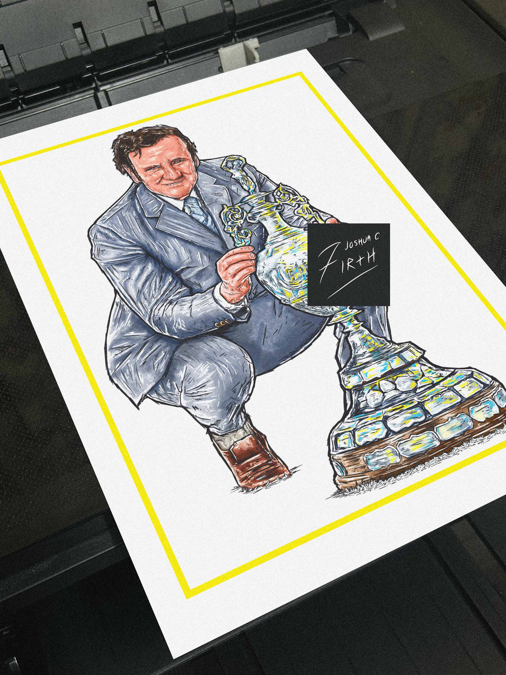 High-quality poster print featuring artwork of Leeds United legend Don Revie proudly holding the First Division trophy. A timeless tribute to one of football’s greatest managers, perfect for decorating any fan's home, office, or man cave.