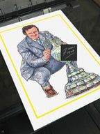 High-quality poster print featuring artwork of Leeds United legend Don Revie proudly holding the First Division trophy. A timeless tribute to one of football’s greatest managers, perfect for decorating any fan's home, office, or man cave.