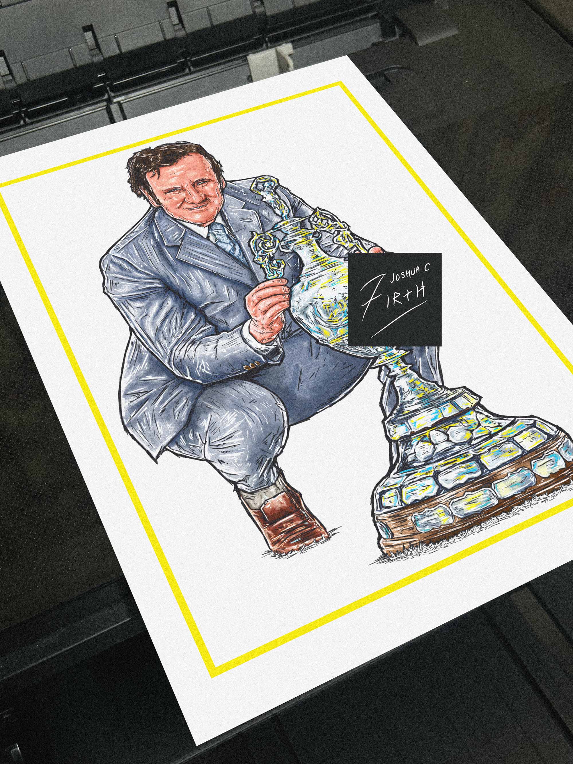 High-quality poster print featuring artwork of Leeds United legend Don Revie proudly holding the First Division trophy. A timeless tribute to one of football’s greatest managers, perfect for decorating any fan's home, office, or man cave.