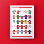 Doncaster Rovers Retro Shirts Art Print featuring 25 hand-drawn classic football shirts, showcasing the club’s most iconic kits through the years. A celebration of the Rovers’ proud history and evolving style, captured in detailed, vintage-inspired illustrations