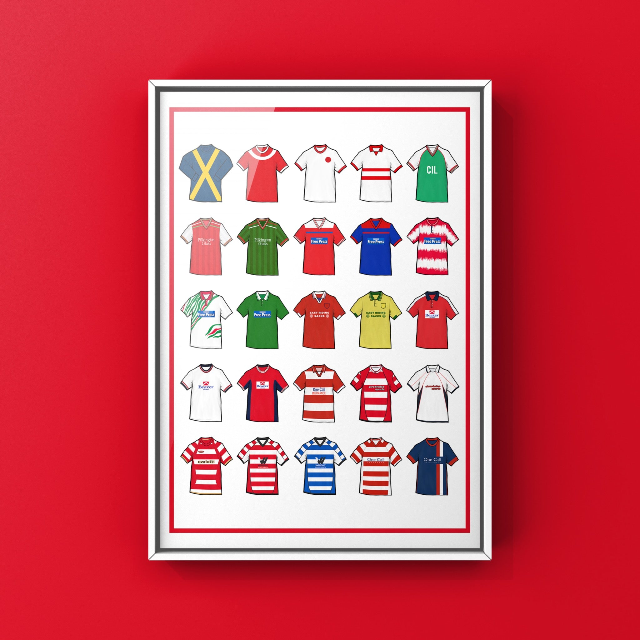 Doncaster Rovers Retro Shirts Art Print featuring 25 hand-drawn classic football shirts, showcasing the club’s most iconic kits through the years. A celebration of the Rovers’ proud history and evolving style, captured in detailed, vintage-inspired illustrations