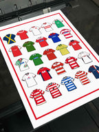 Doncaster Rovers Retro Shirts Art Print featuring 25 hand-drawn classic football shirts, showcasing the club’s most iconic kits through the years. A celebration of the Rovers’ proud history and evolving style, captured in detailed, vintage-inspired illustrations