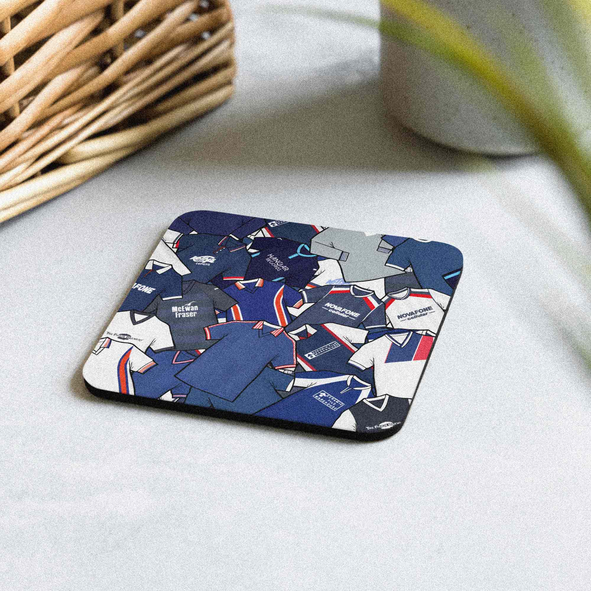 Dundee retro football shirt collage coaster, handmade cork-backed gift for Dundee fans and home decor.