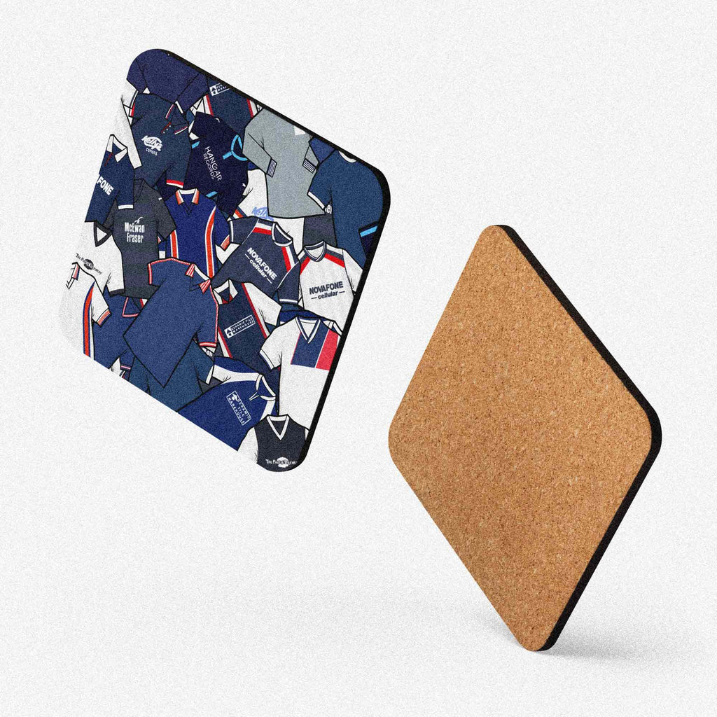 Dundee retro football shirt collage coaster, handmade cork-backed gift for Dundee fans and home decor.