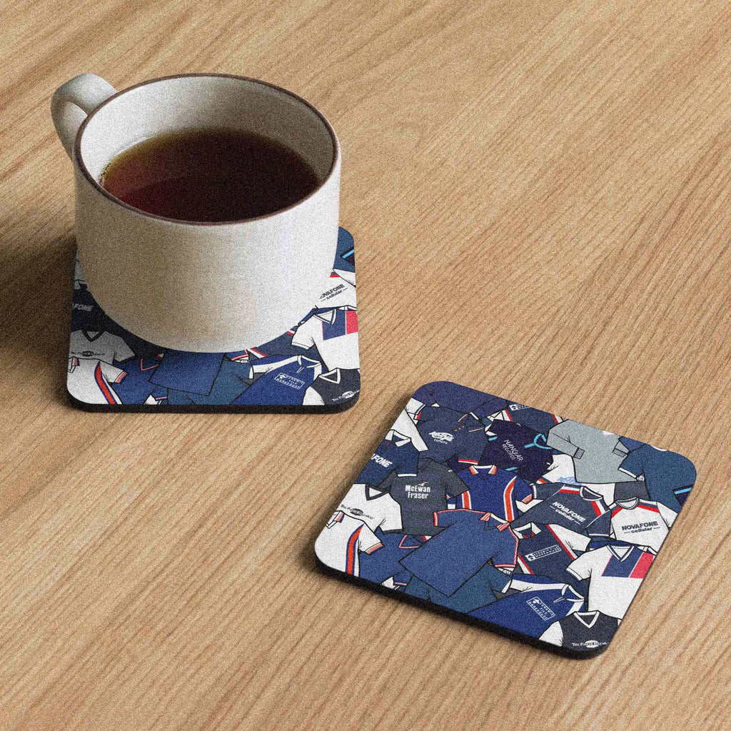 Dundee retro football shirt collage coaster, handmade cork-backed gift for Dundee fans and home decor.