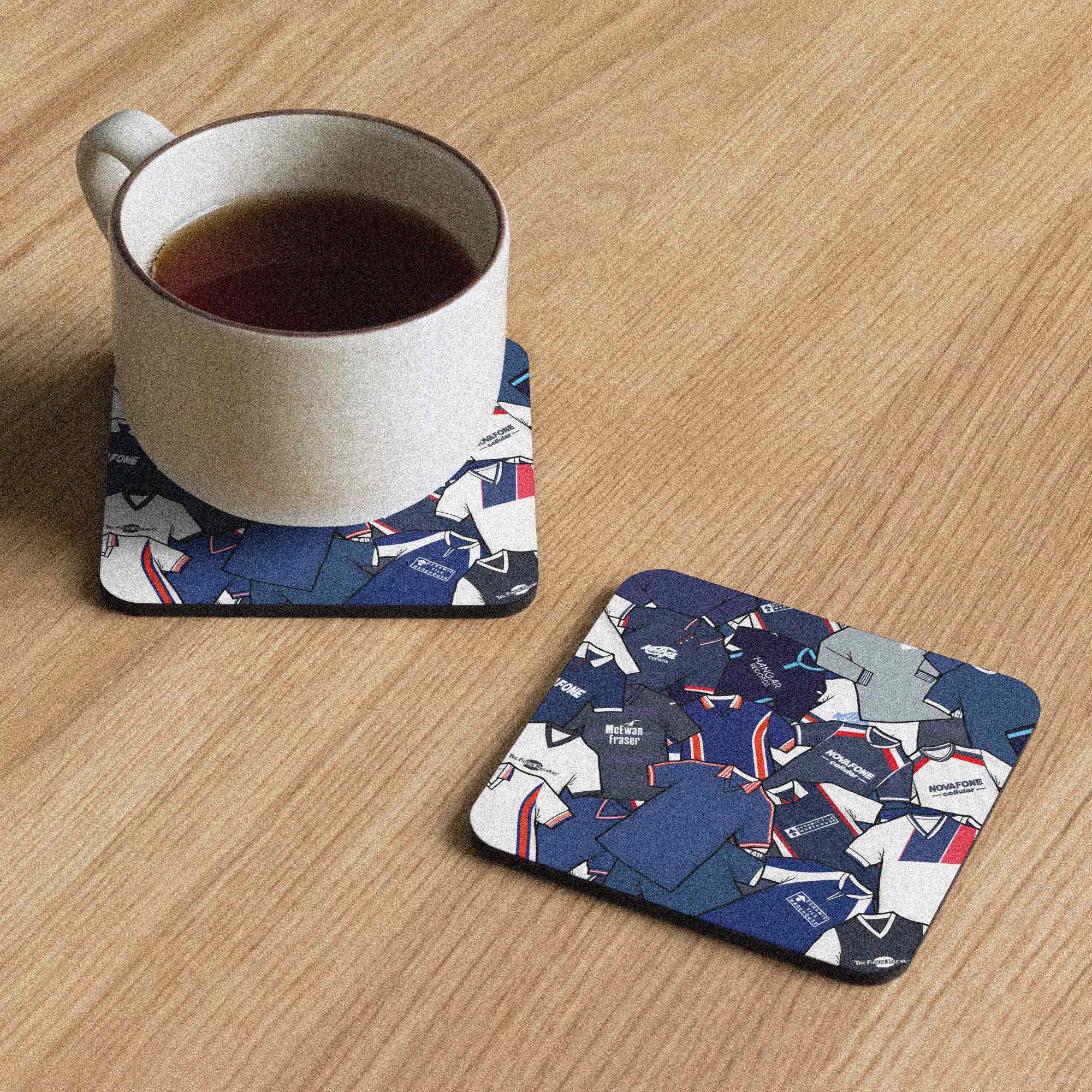 Dundee retro football shirt collage coaster, handmade cork-backed gift for Dundee fans and home decor.