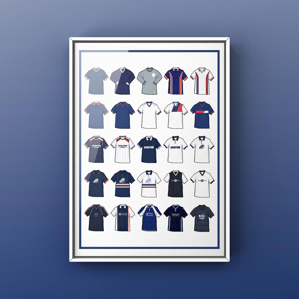 Poster artwork inspired by Dundee FC football shirts. This unofficial design is my own creation, featuring a stylized look with bold dark blue, white, and light blue elements that draw from the club’s iconic kits. The print celebrates Dundee FC’s proud football heritage through a modern, striking aesthetic. Unofficial and fan-made, this piece pays tribute to the Dee with a unique and contemporary interpretation of their classic identity.