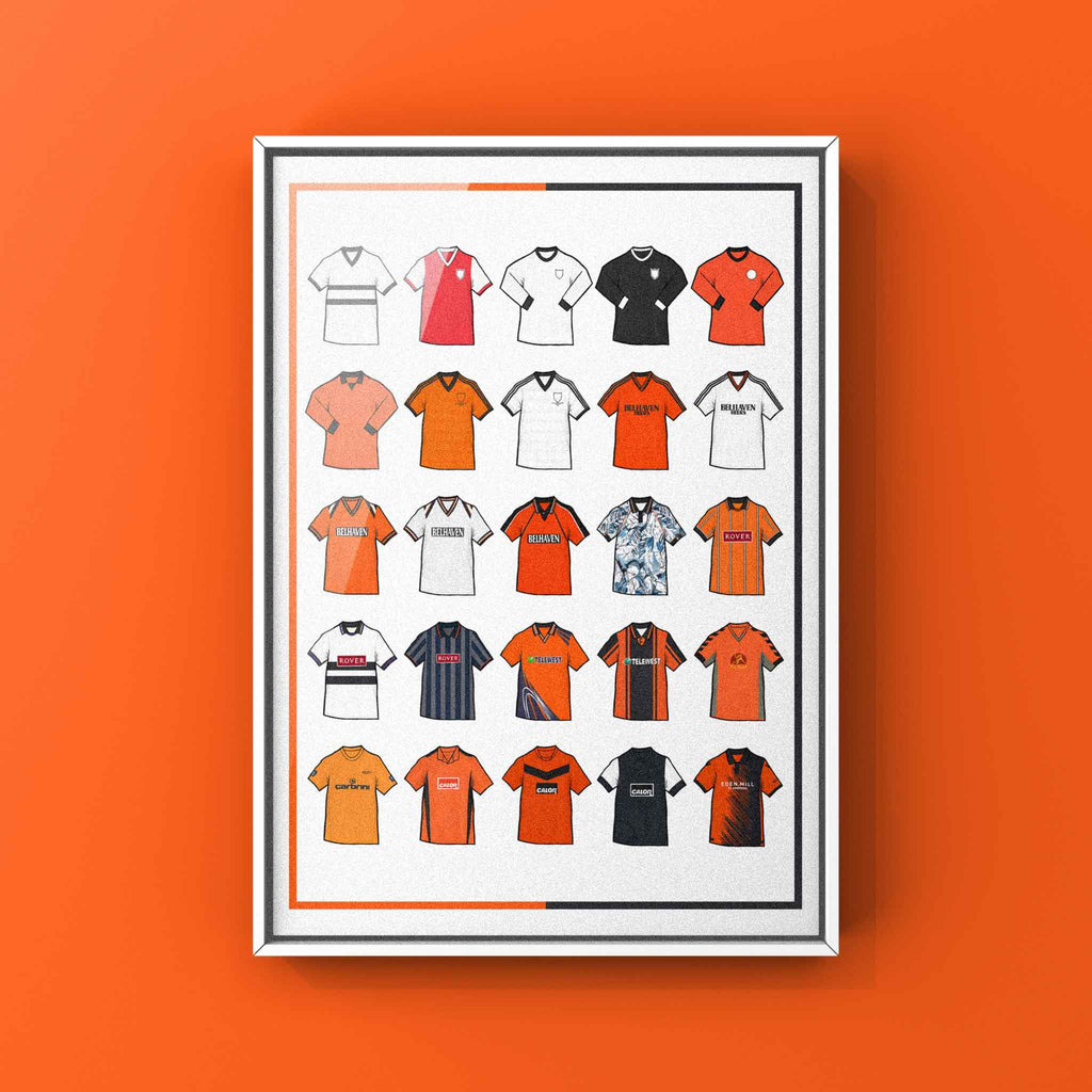 Poster artwork inspired by Dundee United FC shirts, featuring a stylized design with bold tangerine, black, and white elements. The piece showcases 25 hand-drawn retro shirts, incorporating vintage jersey patterns and textures that capture the proud tradition and rich heritage of Dundee United Football Club. Blending classic details with a sharp, contemporary aesthetic, it celebrates the enduring spirit of the Terrors and the club’s historic legacy at Tannadice Park.