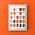 Poster artwork inspired by Dundee United FC shirts, featuring a stylized design with bold tangerine, black, and white elements. The piece showcases 25 hand-drawn retro shirts, incorporating vintage jersey patterns and textures that capture the proud tradition and rich heritage of Dundee United Football Club. Blending classic details with a sharp, contemporary aesthetic, it celebrates the enduring spirit of the Terrors and the club’s historic legacy at Tannadice Park.