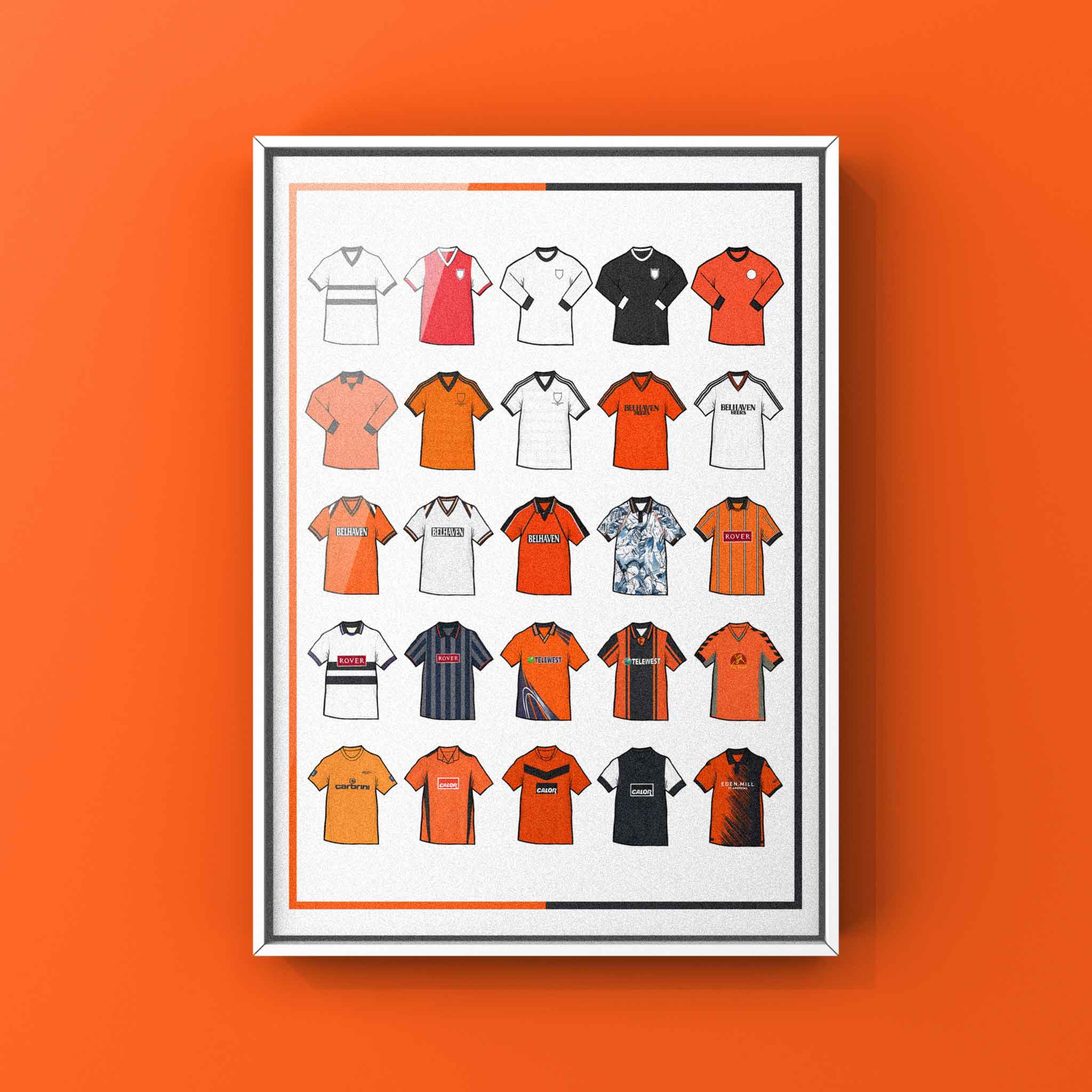 Poster artwork inspired by Dundee United FC shirts, featuring a stylized design with bold tangerine, black, and white elements. The piece showcases 25 hand-drawn retro shirts, incorporating vintage jersey patterns and textures that capture the proud tradition and rich heritage of Dundee United Football Club. Blending classic details with a sharp, contemporary aesthetic, it celebrates the enduring spirit of the Terrors and the club’s historic legacy at Tannadice Park.