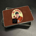 Retro Marcelo Bielsa “El Loco” Leeds United inspired artwork on a metal biscuit and sweets tin. A unique vintage-style gift for Leeds fans and football collectors. ⚽