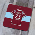 Drinks coaster featuring a jersey celebrating West Ham United winning the European Conference League