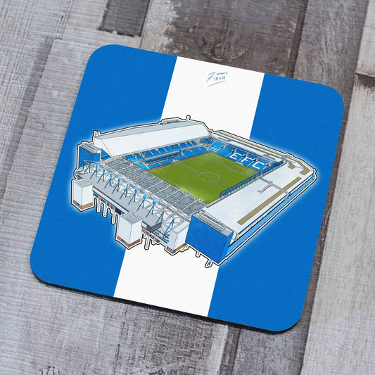 A coaster featuring artwork inspired by the home of Everton FC, Goodison Park in Liverpool!