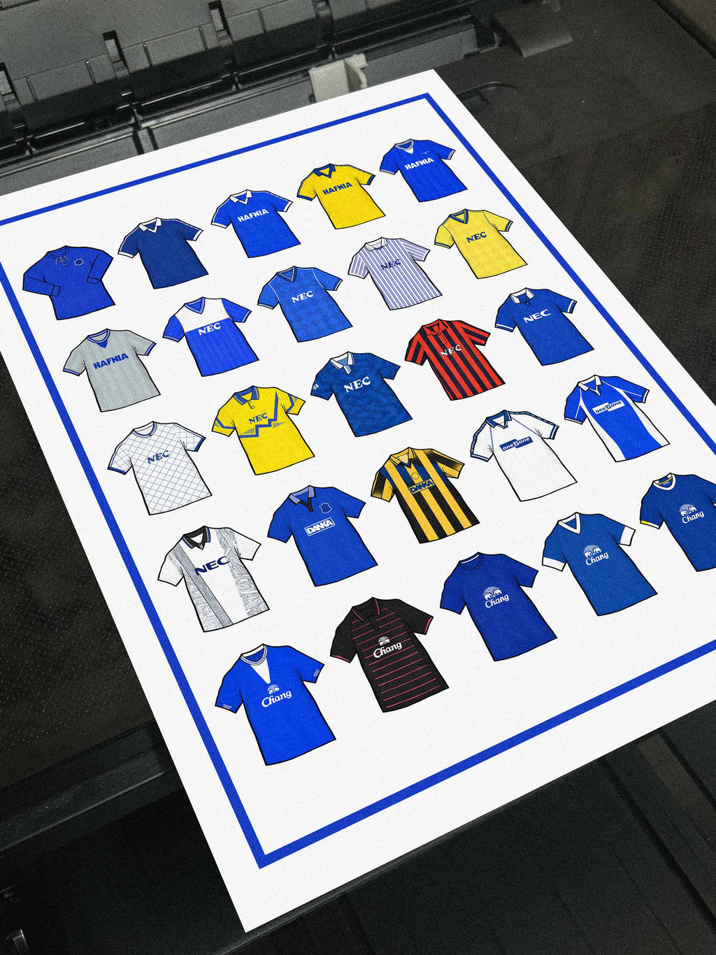 Poster artwork inspired by Everton FC football shirts, featuring a stylized design with bold royal blue and white color elements. The piece incorporates vintage jersey patterns and textures, capturing the proud tradition and deep heritage of Everton Football Club. It blends classic elements with a sharp, contemporary aesthetic that celebrates the spirit of the Toffees