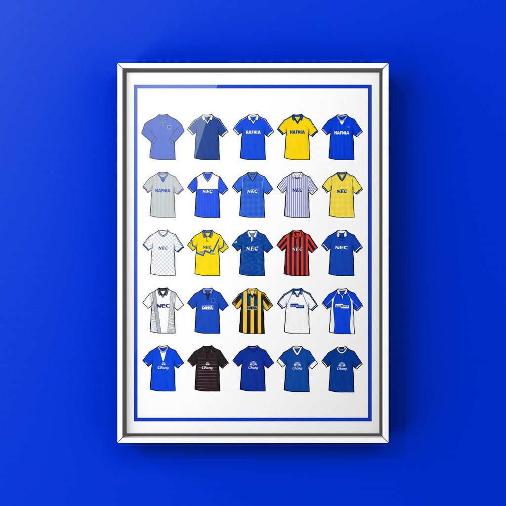 Poster artwork inspired by Everton FC football shirts, featuring a stylized design with bold royal blue and white color elements. The piece incorporates vintage jersey patterns and textures, capturing the proud tradition and deep heritage of Everton Football Club. It blends classic elements with a sharp, contemporary aesthetic that celebrates the spirit of the Toffees