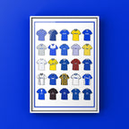 Poster artwork inspired by Everton FC football shirts, featuring a stylized design with bold royal blue and white color elements. The piece incorporates vintage jersey patterns and textures, capturing the proud tradition and deep heritage of Everton Football Club. It blends classic elements with a sharp, contemporary aesthetic that celebrates the spirit of the Toffees