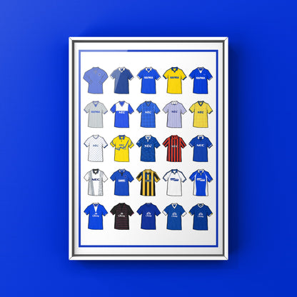 Poster artwork inspired by Everton FC football shirts, featuring a stylized design with bold royal blue and white color elements. The piece incorporates vintage jersey patterns and textures, capturing the proud tradition and deep heritage of Everton Football Club. It blends classic elements with a sharp, contemporary aesthetic that celebrates the spirit of the Toffees