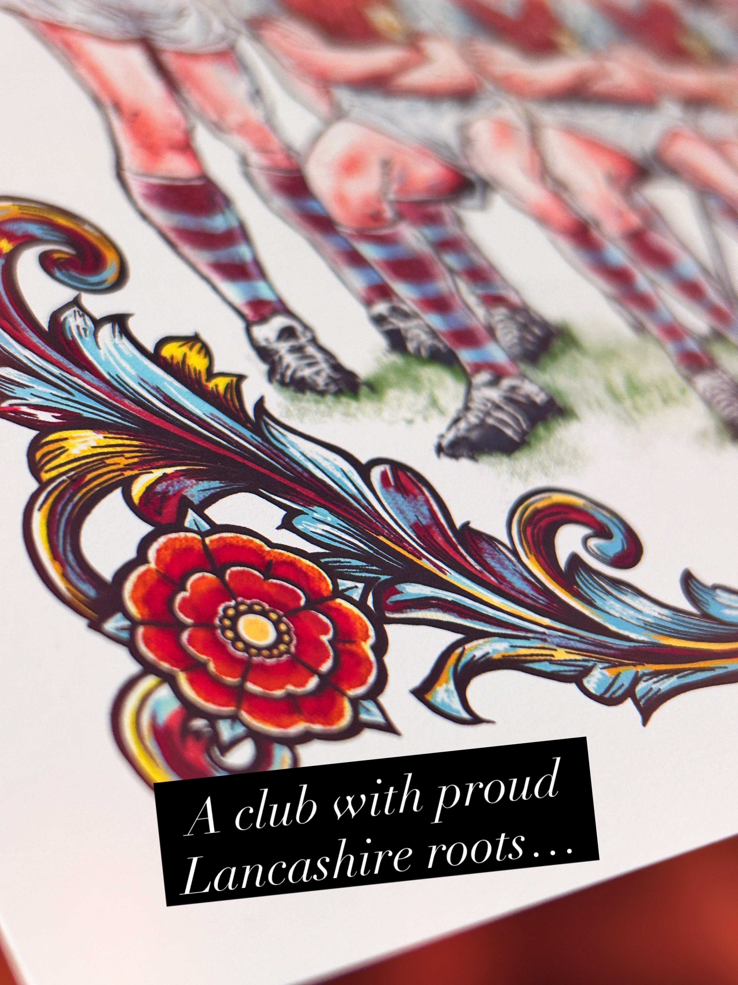 Colorful design inspired by Burnley Football Club with floral elements and text about Lancashire roots on a white background