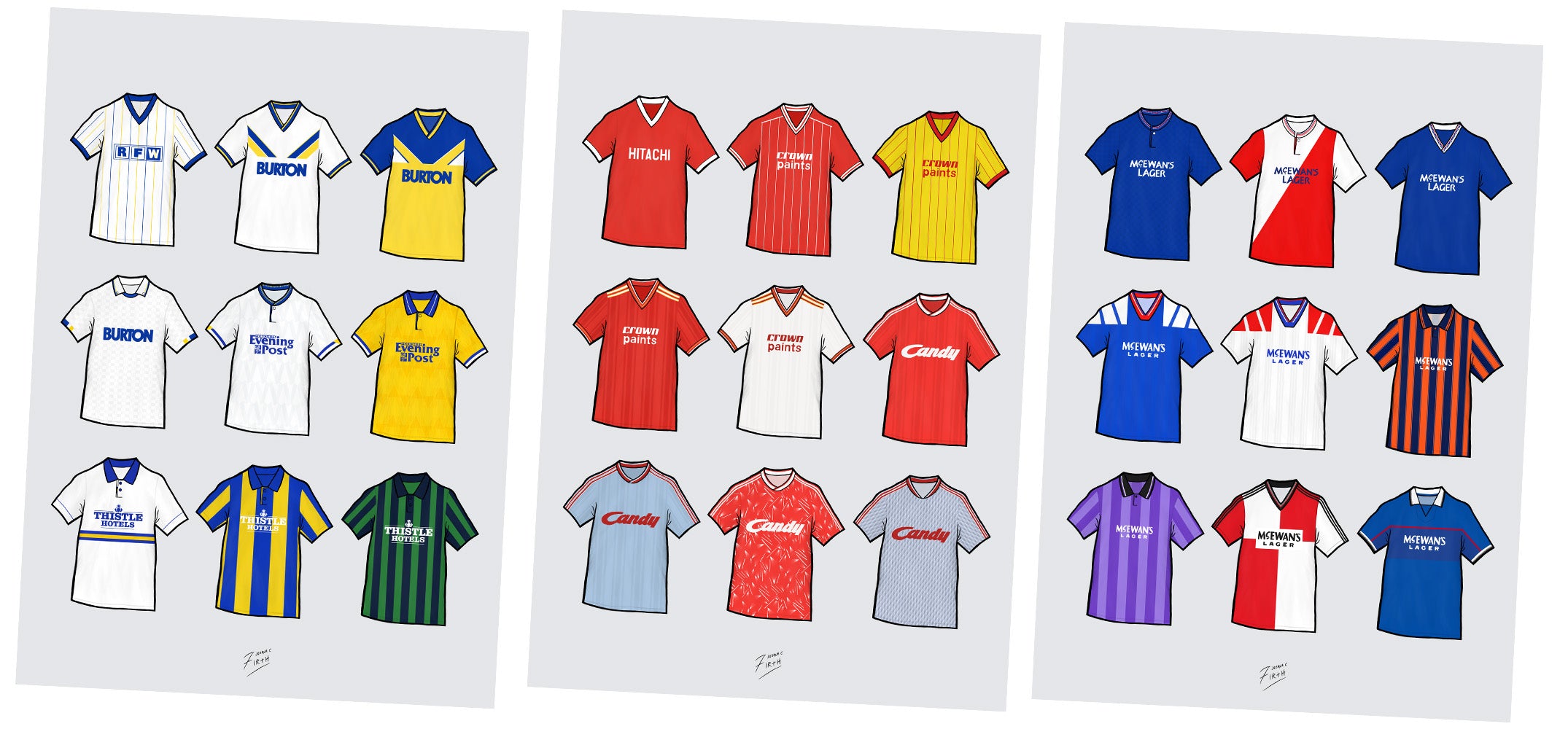 Retro football shirts artwork inspired by the history of Leeds, Liverpool & Rangers