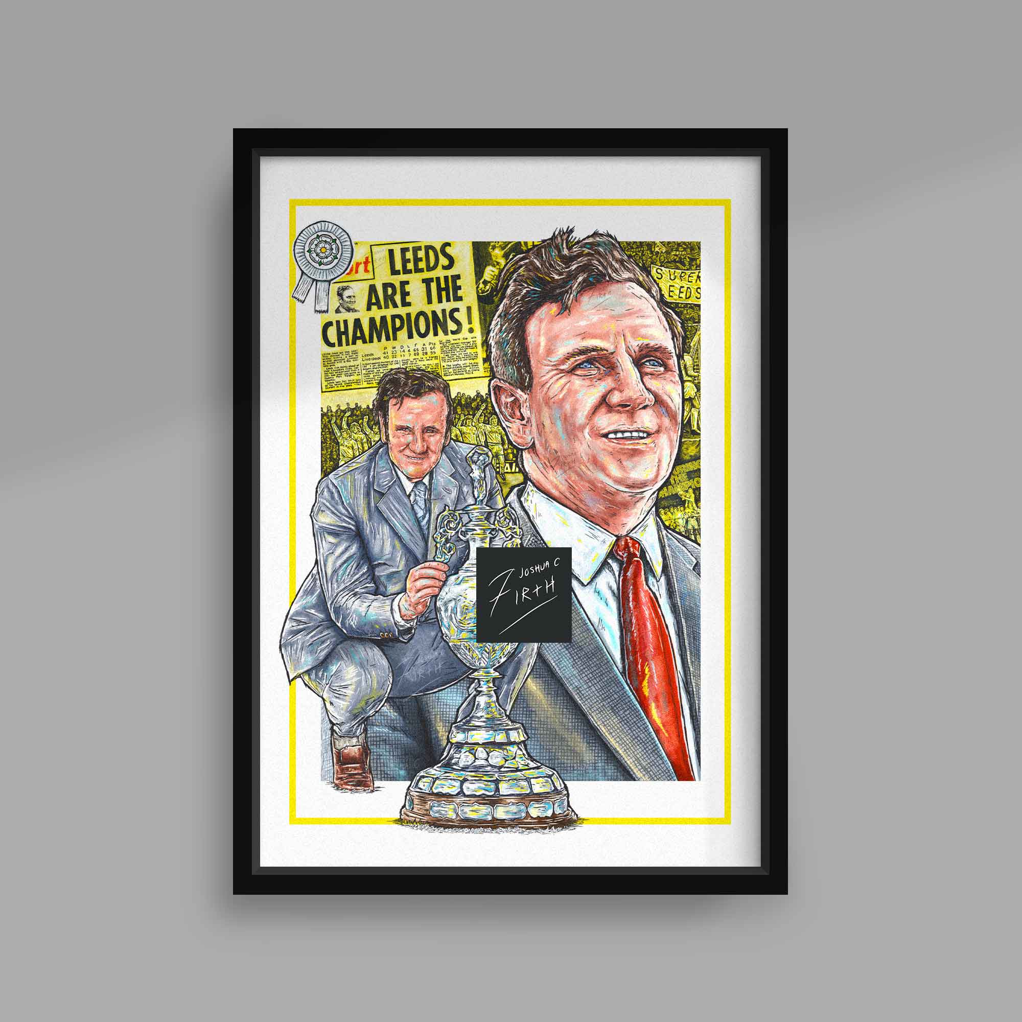 Artwork of Don Revie celebrating Leeds United's 1974 First Division title win. The piece captures Revie in a moment of triumph, dressed in Leeds United colors, surrounded by symbolic elements of the club's historic season as champions of England.