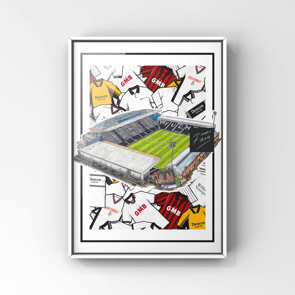 A football poster print inspired by the home of Fulham - Craven Cottage with retro shirts behind the ground from an aerial view