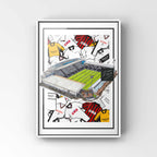 A football poster print inspired by the home of Fulham - Craven Cottage with retro shirts behind the ground from an aerial view